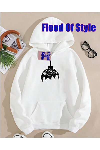 Flood Of Style سويت شيرت أبيض اللون من مطبوع بيسكيت بياقة مينيماليست