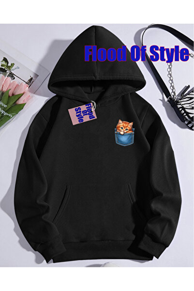 Flood Of Style Μαύρο τζιν μινιμαλιστικό φούτερ με λαιμόκοψη με τύπωμα