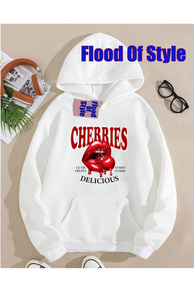 Flood Of Style Φούτερ με λαιμόκοψη μινιμαλιστικό λευκό χρώμα με τύπωμα