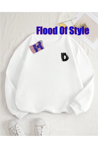 Flood Of Style Litere gri D Minimalist cu imprimeu Biskilet Yaka Swea tricou