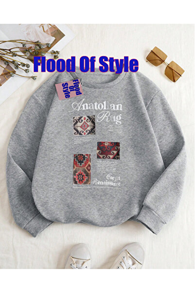 Flood Of Style سويت شيرت أسود بنمط السجاد بتصميم بسيط مطبوع بياقة دائرية