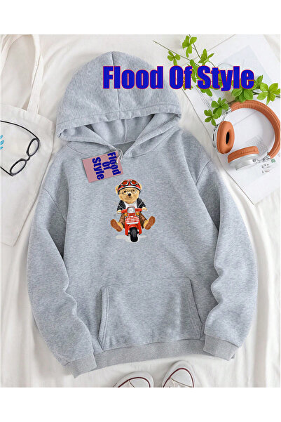 Flood Of Style Γκρι φούτερ με μινιμαλιστικό γιακά μοτοσικλέτας με τύπωμα