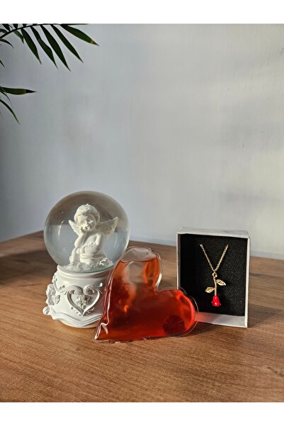 Rüya Kıyısı Beyaz Melek Işıklı Müzikli Kar Küresi, Kalpli El Isıtıcı ve Gül K...