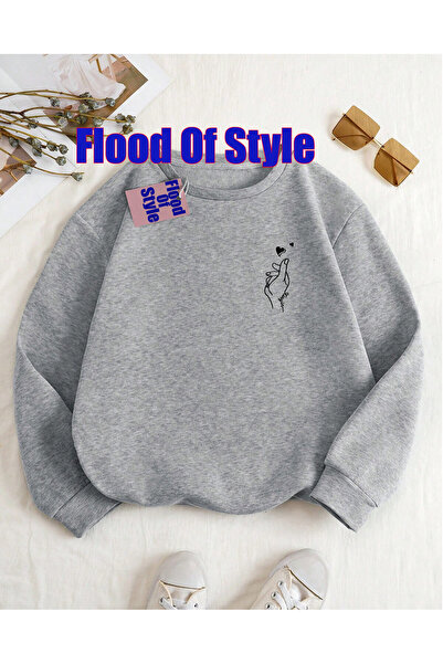 Flood Of Style Γκρι μινιμαλιστικό φούτερ με λαιμόκοψη με τύπωμα Biscuit Collar