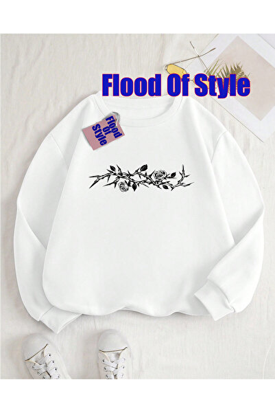 Flood Of Style Сива лента с флорален принт, минималистична суитшърт с велосип...