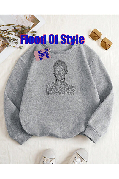 Flood Of Style سويت شيرت بياقة بيسكيت مينيماليست مطبوع من بلاك لاين هيومن