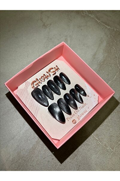 Generic GLOWSU - Siyah kedi Gözü Efektli Badem Press On Takma Tırnak Seti