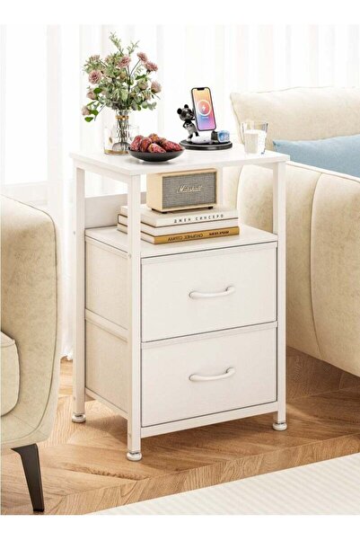 DASEN 3-Tier Nightstand Side Table with 2 Fabric Drawers - 45x30x73 cm, White