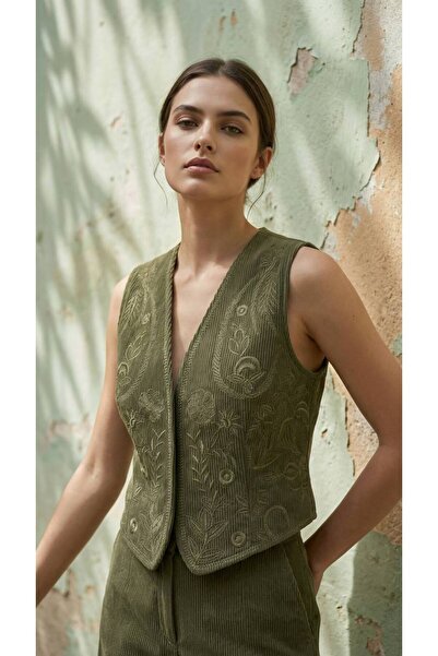 VELZANA Kadın Otantik Çiçek Nakışlı Fitilli Kısa Yelek (Renk Seçenekli)