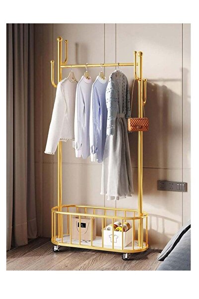 Arabest شماعة ملابس معدنية ذهبية متعددة الأغراض مع سلة تخزين، مناسبة لغرفة الغسيل/غرفة النوم/غرفة المعيشة