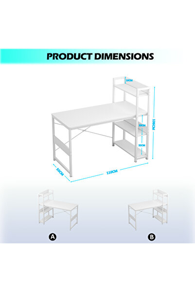 DASEN Office Table with Multi-Tier Bookshelf, Carbon Fiber Desktop (White)
