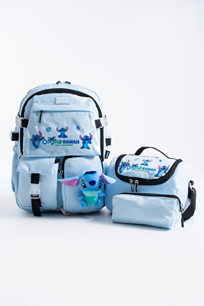 Kingston Hill Stitch Kawaii Kore Tarzı Çok Bölmeli İlkokul Çantası 3 lü set (Çanta + Termal Beslenme + Kalemlik)