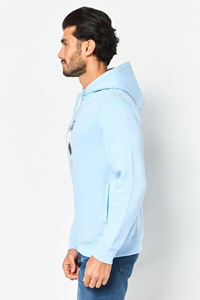 CELIO Men Long Sleeve Graphic Print Hoodie, Light Blue