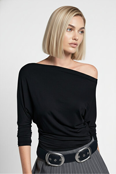 uyguntarz Women's Black Asymmetrical 100% Cotton Long Sleeve T-Shirt