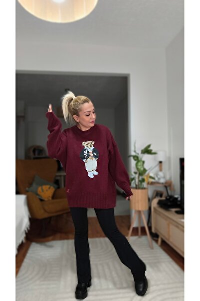 MADAMMERY Equivalent to Ayar Printed Casual Burgundy Sweater