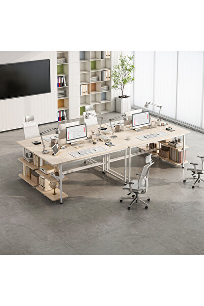 DASEN Study Desk with 3-layer Storage Shelf, Beige, 130x55x75 cm