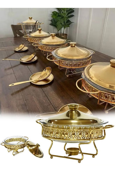 Generic Buffet stove food heating container with glass tray, round stainless steel food warmer