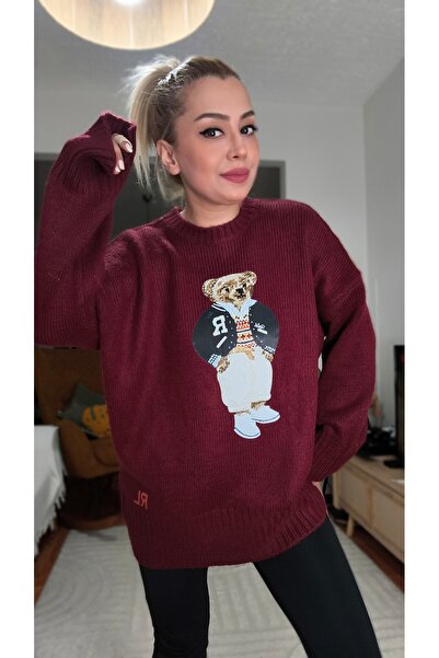 MADAMMERY Equivalent to Ayar Printed Casual Burgundy Sweater