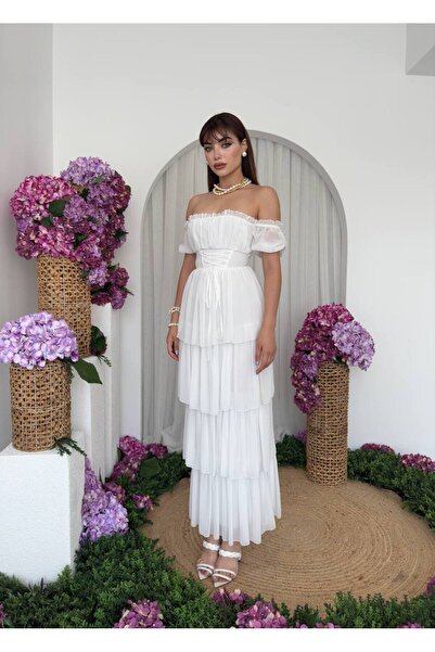 ETİKAFASHION Kat Kat Volanlı Düşük Kol Elbise