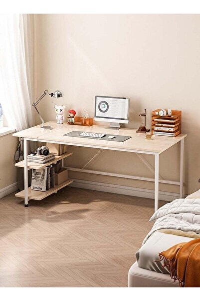 DASEN Study Desk with 3-layer Storage Shelf, Beige, 130x55x75 cm