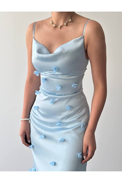 ETİKAFASHION Çiçek Aplike Degaje Yaka Saten Elbise