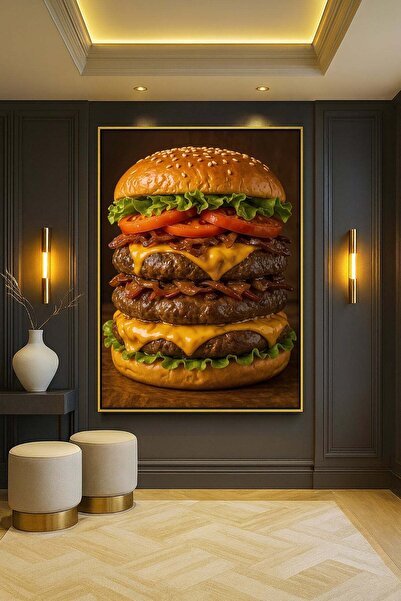 Wallivo Triple Whopper Burger - Pop Art Tarzı Fast Food Gold Metal Çerçeveli ...