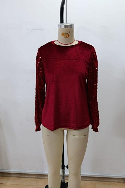 Mossta Sequined Balloon Sleeve Velvet Blouse - Red