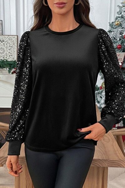 Mossta Βελούδινη μπλούζα με παγιέτες με μανίκια - Μαύρο