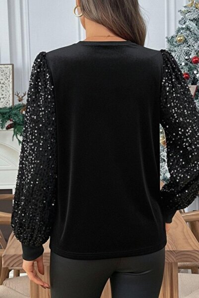 Mossta Βελούδινη μπλούζα με παγιέτες με μανίκια - Μαύρο