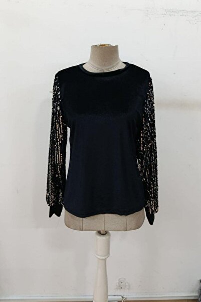 Mossta Βελούδινη μπλούζα με παγιέτες με μανίκια - Μαύρο
