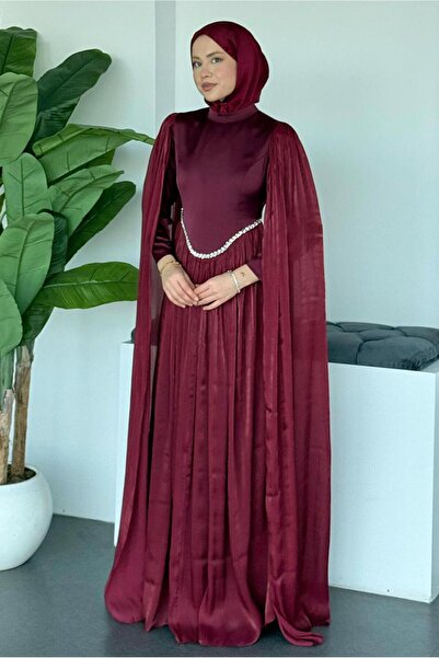 TRENDTESETTÜR KADIN BORDO TAŞ DETAYLI ABİYE ELBİSE T 2626
