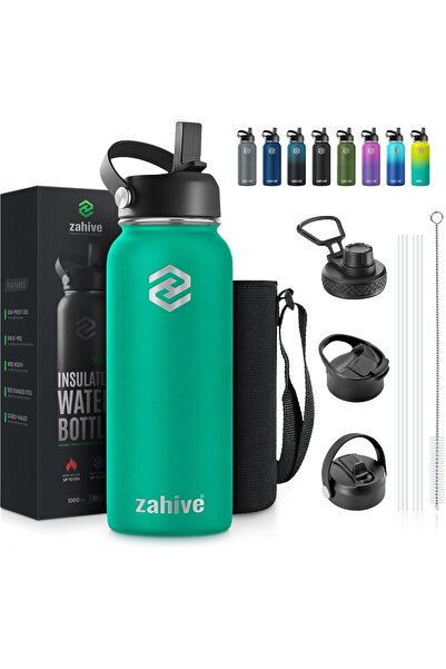 Zahive 1L Stainless Steel Insulated Water Bottle with 3 Lids & Bag (Sea Green)