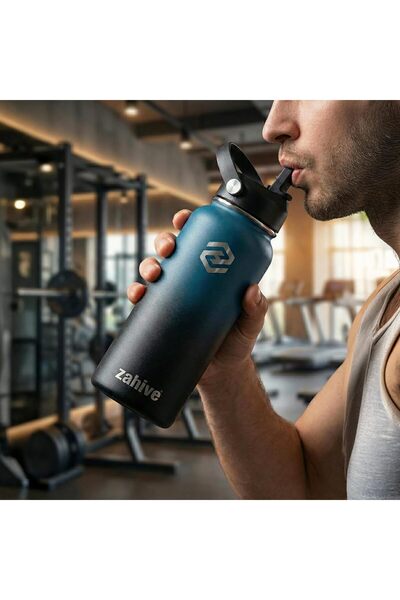 Zahive 1L Stainless Steel Insulated Water Bottle with 3 Lids, Straw & Bag (Blue Black)