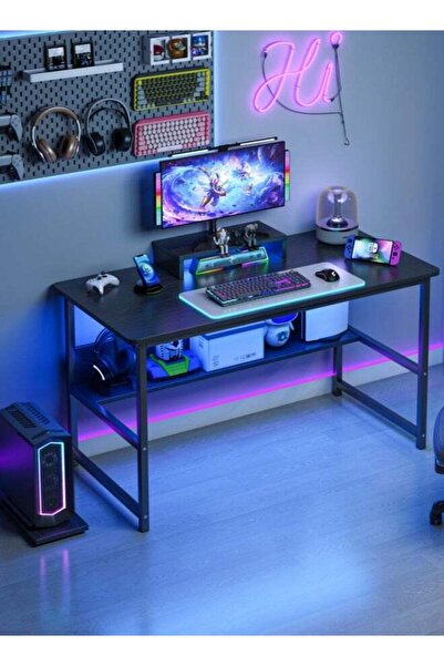 DASEN Black Gaming Table with Shelves - Writing/Office Desk for Home/Study