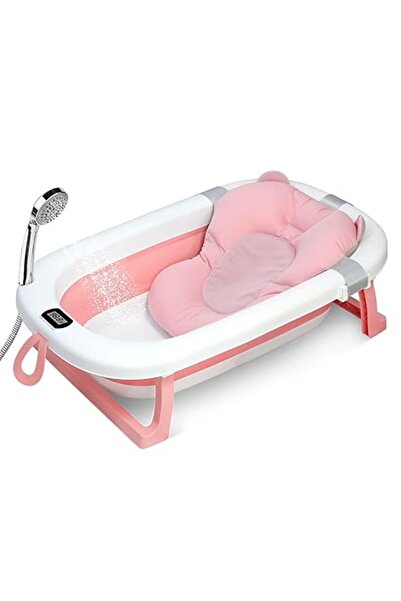 Xess Baby Foldable Bath Tub with Bathmat Cushion & Thermometer, Portable Baby Bathtub with Drain Hole, S