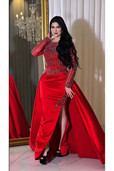 NHMODA Stone Embroidered Tail Satin Evening Dress