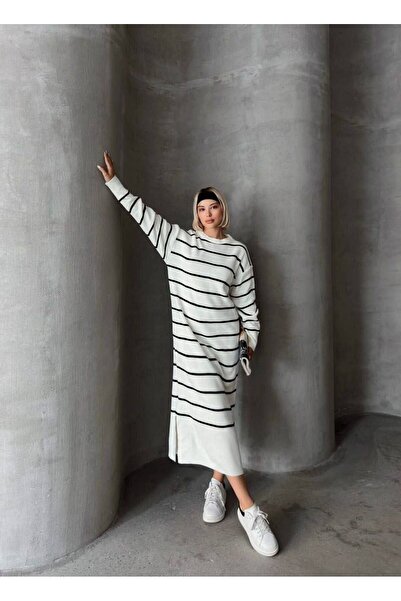 ZF BUTİK Langes gestreiftes Premium-Strickkleid für Damen