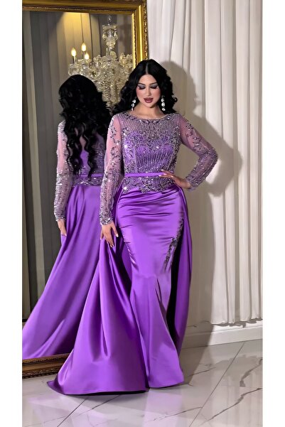 NHMODA Stone Embroidered Tail Satin Evening Dress