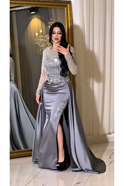 NHMODA Stone Embroidered Tail Satin Evening Dress