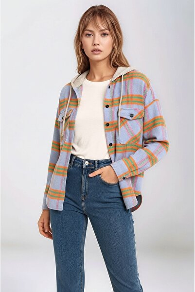 MAMAYAGA Γυναικείο μοτίβο, πολύχρωμο ξυλοκόπο, φαρδύ και φαρδύ, casual διπλό πουκάμισο με κουκούλα