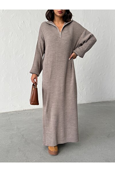 BEJNA Women's Zippered Collar Maxi Dress Pants Two-Piece Knitwear Set