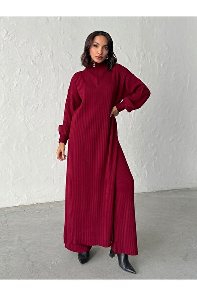 BEJNA Women's Zippered Collar Maxi Dress Pants Two-Piece Knitwear Set