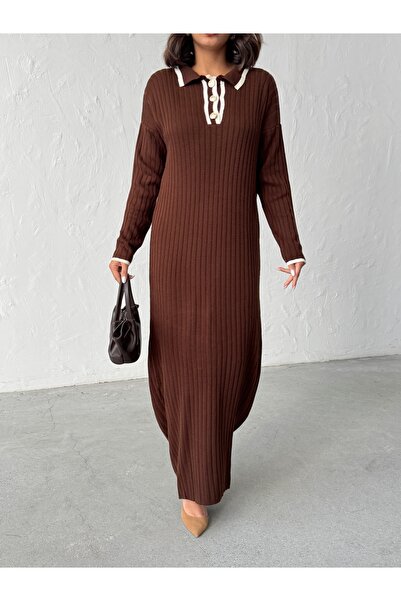 BEJNA Γυναικείο κομψό μακρύ πλεκτό φόρεμα με γιακά πόλο με κουμπιά