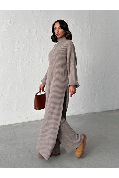 BEJNA Women's Zippered Collar Maxi Dress Pants Two-Piece Knitwear Set