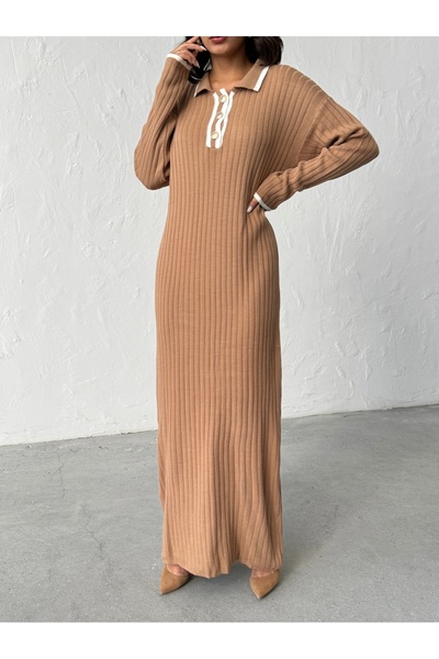 BEJNA Γυναικείο κομψό μακρύ πλεκτό φόρεμα με γιακά πόλο με κουμπιά