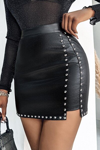 Mossta High Waist Studded Mini Leather Skirt - Black