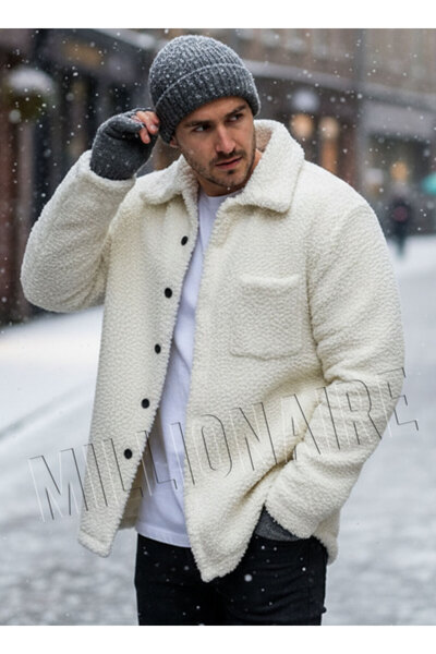 Millionaire Ανδρικό εκρού λευκό μαλλί αρνιού από ψεύτικη μαλλία βελούδινο πουκάμισο με γιακά μοντέλο με κουμπιά Ζακέτα Παλτό Φούτερ Φλις