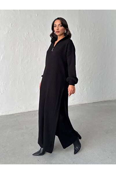 BEJNA Women's Zippered Collar Maxi Dress Pants Two-Piece Knitwear Set