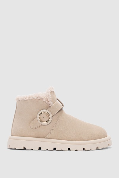 selin shoes Luva Genuine Leather Adjustable Buckle Detailed Side Zipper Women's Boots - Beige Suede