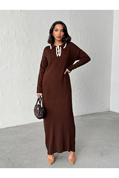 BEJNA Γυναικείο κομψό μακρύ πλεκτό φόρεμα με γιακά πόλο με κουμπιά